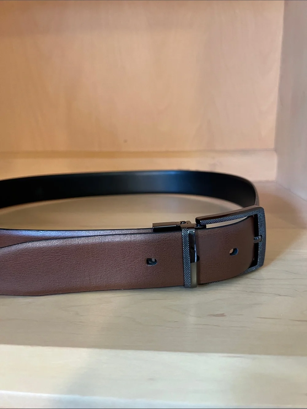 Reversible Black/Brown Leather Dress Belt with Textured Buckle